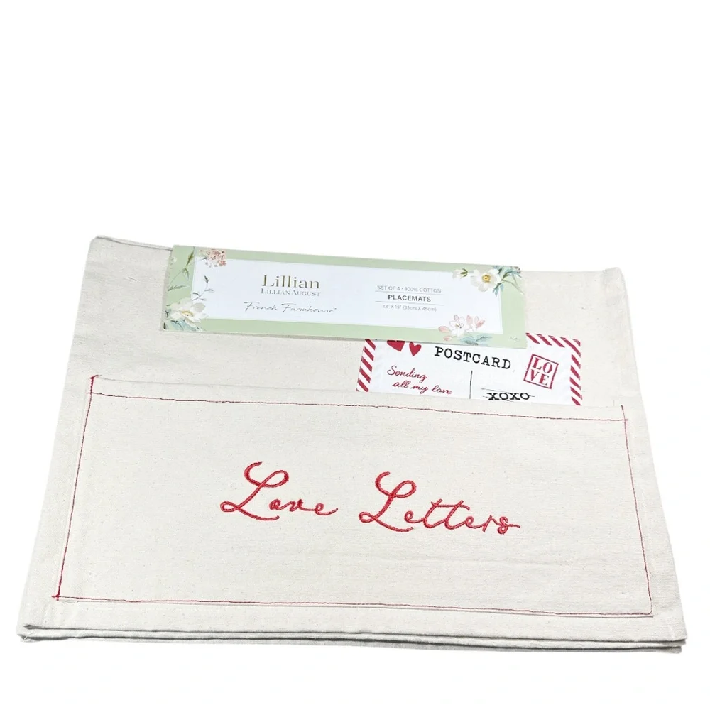 NEW Lillian August LOVE LETTERS Cotton Placemats with Pocket Set/4